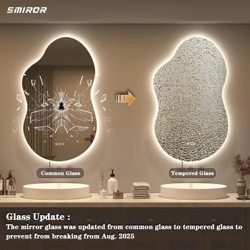 Vista 4 de SMIROR Espejo de baño retroiluminado irregular con luces de 20 x 36, espejo asimétrico de nube LED iluminado para pared, antiniebla, regulable