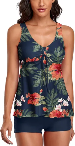 Vista 4 de Tankini modesto de dos piezas traje de baño conjunto de camiseta sin mangas con estampado floral y pantalones cortos con control de abdomen