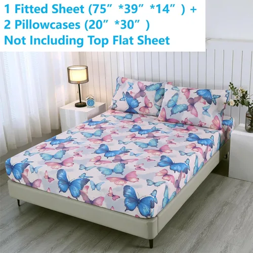 Vista 2 de SDIII Sábana bajera ajustable de mariposa colorida con 2 fundas de almohada, no incluye sábana encimera, microfibra suave con bolsillo profundo