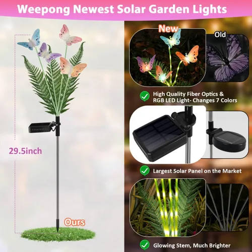 Vista 2 de Weepong Luces solares para decoración al aire libre, impermeables, luces solares de jardín con tallos brillantes, luz de flor de mariposa que cambia