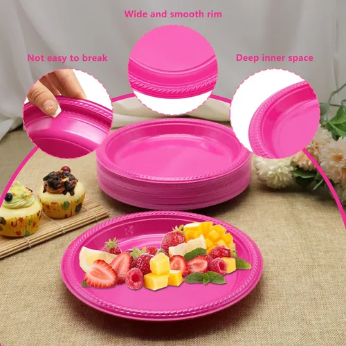 Vista 4 de 50 platos desechables de plástico rojo – Platos de plástico rojo resistentes de 9 pulgadas para cumpleaños, boda, picnic, Navidad, fiesta del día