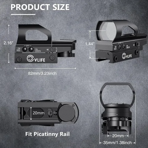 Vista 6 de CVLIFE Visor reflex con punto rojo y verde, 4 retículas, con interruptor On y Off, con pieza de montaje sobre raíl de 20 mm