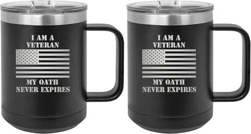 Vista 6 de Rogue River Tactical Taza de café negra de acero inoxidable resistente con la frase "I Am A Veteran My Oath Never Expires, con la bandera