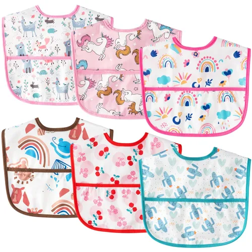 Vista 15 de 6 piezas de baberos impermeables para niños pequeños con bolsillo recogemigas, juego de baberos para bebés con ajuste para dientes de leche, baberos