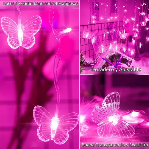 Vista 5 de Guirnalda de luces de mariposa con enchufe USB, 120 LED, 8 modos, 20 pies, luciérnaga, luces de carámbano parpadeantes con temporizador remoto Rosa
