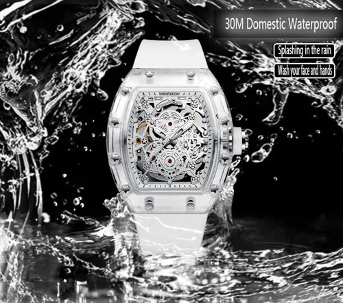 Vista 5 de KIMSDUN - Elegante reloj deportivo de esqueleto, impermeable, reloj de pulsera mecánico automático, caja transparente Tonneau reloj casual, correa