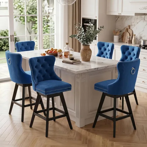 Vista 64 de SoarFlash Juego de 2 taburetes de bar tapizados de terciopelo moderno con patas de madera, botones acolchados, cabeza de clavo cromada, asiento
