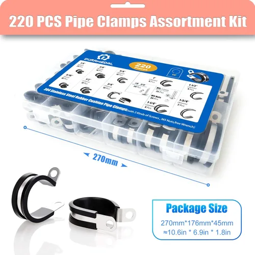 Vista 2 de Kit surtido de 221 abrazaderas de cable de acero inoxidable 304 abrazaderas de tubo de goma de 10 tamaños de 14 a 1-34 pulgadas con aislamiento