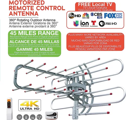 Vista 4 de QFX ANT 106 HD/DTV/UHF/VHF/FM Antena giratoria de 360° para exteriores, plata, tamaño único