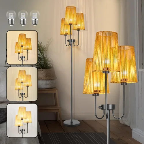 Vista 8 de Lámpara de pie de ratán para sala de estar, lámpara de pie de granja de 3 luces con pantallas de ratán, lámparas altas rústicas de 65 pulgadas