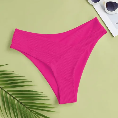 Vista 6 de Leoparts Traje de baño de cintura alta con corte en V para mujer, parte inferior de bikini acanalada de corte alto