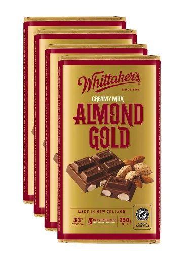 Whittaker's Bloque de chocolate dorado almendra 8.82 oz (paquete de 4) (fabricado en Nueva Zelanda)
