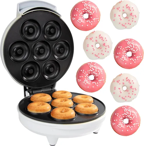 Mini Máquina para Hacer Donas - Superficie Eléctrica Antiadherente Hace 7 Donas Pequeñas - Decora, Glasea, Congela las Tuyas para Postres Horneados