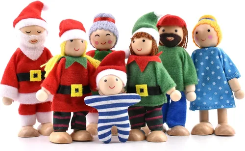 Jzszera Casa de muñecas de madera de personas de 7 figuras, conjunto familiar de muñecas para niñas y niños pequeños, casa de muñecas, accesorios de