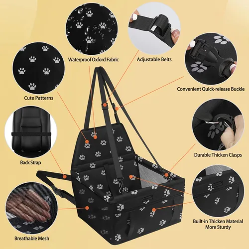 Vista 3 de PetsHome Asiento de coche para perros plegable, asiento elevador de coche para perros impermeable y transpirable Oxford, bolsa de viaje para perros