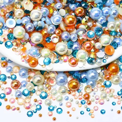 Vista 18 de 60g de perlas planas y mezcla de diamantes de imitación, 2mm-10mm de tamaño mixto, perlas y diamantes de imitación planas para manualidades, vasos