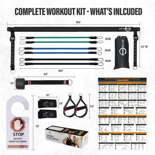 Vista 4 de Kit de Barra de Pilates Mejorado – Equipo de Ejercicio Ajustable de 39" para Hombres y Mujeres con 6 Bandas de Resistencia de 20, 30, 40 libras