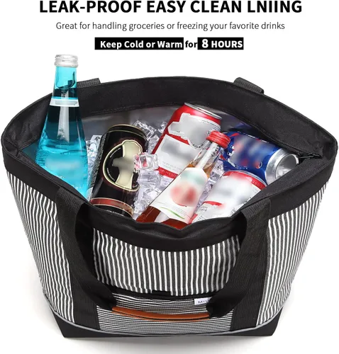 Vista 2 de Bolsa térmica a prueba de fugas con aislamiento térmico de espuma térmica, bolsa de comestibles reutilizable, bolsas de almuerzo grandes