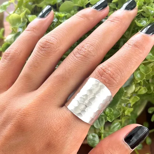 Vista 6 de Hammered Sterling Silver Handmade Classic Wide Band Boho Statement Ring, Shiny Finish Wrap Band Adjustable to Sizes 6-12, Also as Thumb Ring, Gift