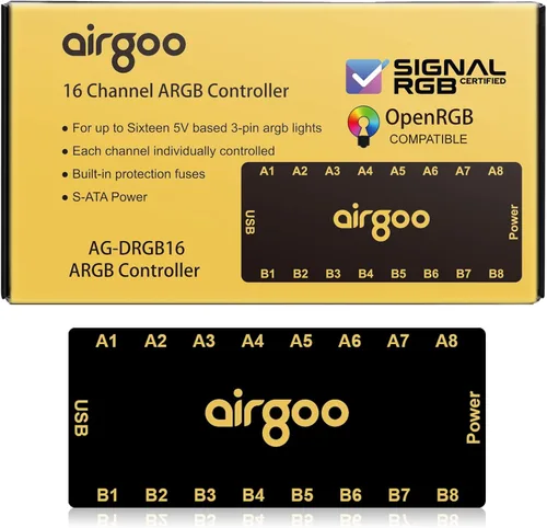 Airgoo Controlador RGB de señal de 16 puertos - Controlador ARGB alimentado por SATA, concentrador de iluminación de PC, requiere descarga de