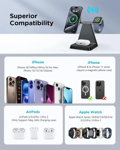 Vista 2 de Estación de carga para múltiples dispositivos Apple: Woruda 3 en 1 Soporte de cargador inalámbrico magnético para iPhone Mag Safe - Base de carga