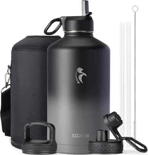 Vista 45 de Coolflask - Botella de agua de 64 onzas aislada, con popote y 3 tapas, de acero inoxidable con boca ancha, libre de BPA, mantiene las bebidas frías