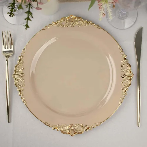 Vista 11 de Efavormart - Paquete de 10 platos redondos de plástico para ensalada de postre de 8 pulgadas, color negro/dorado, vajilla desechable con borde