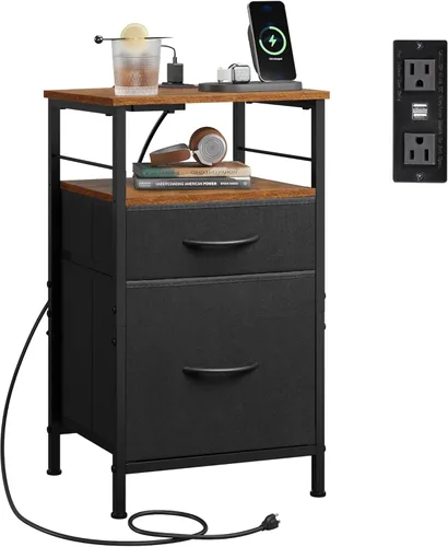 WLIVE Mesita de noche con estación de carga, mesita de noche con 2 cajones de tela, mesita de noche, cómoda pequeña para dormitorio, mesa auxiliar