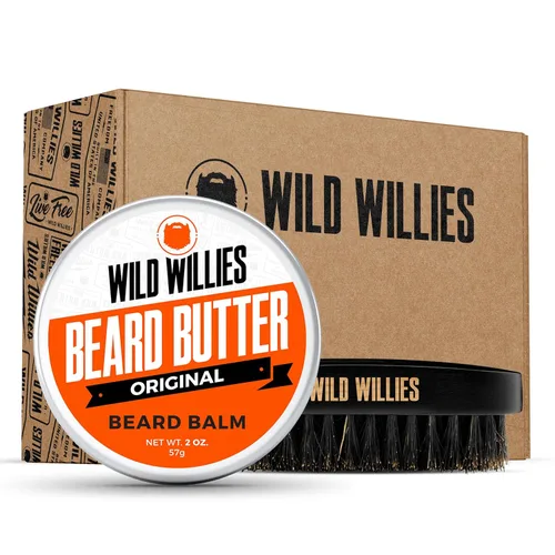 Wild Willies Kit de acondicionador sin enjuague con cepillo para barba y bálsamo para barba, cerdas de jabalí, tamaño de viaje, mango de diseño