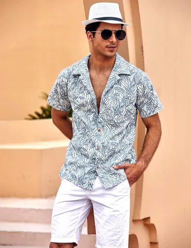 Vista 5 de COOFANDY - Camisas hawaianas de algodón y lino florales tropicales con botones para hombre