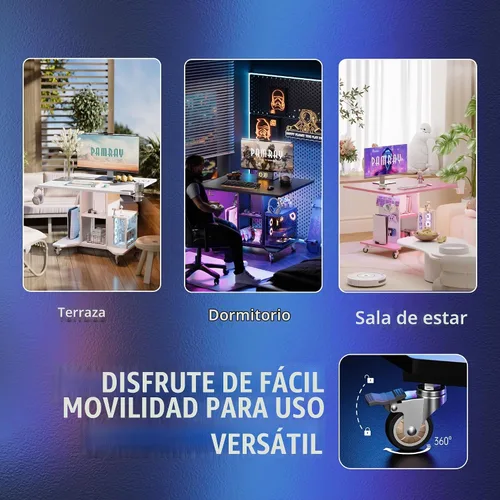 Vista 5 de Pamray Escritorio pequeño con ruedas para juegos con luces LED, tomas de corriente y tablero de clavijas de almacenamiento, mesa compacta