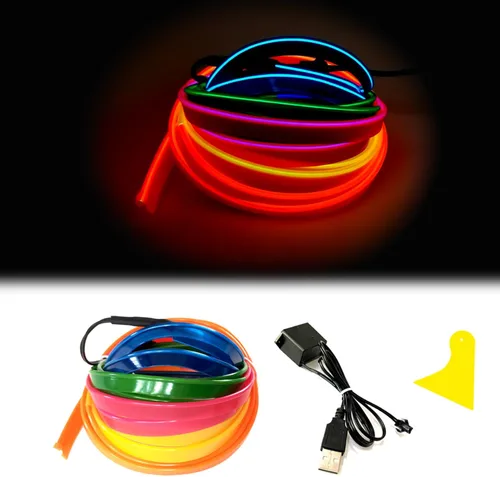 Vista 12 de Tira de luces LED de cable electroluminiscente azul para interior de automóvil, 6.5 pies de cable de neón con controlador USB de 5 voltios