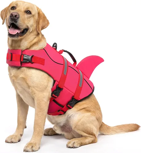 Vista 45 de Queenmore - Chaleco salvavidas para perros pequeños, medianos, grandes, estilo pescado, chaleco flotante con mango de goma suave ajustable, M