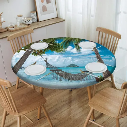 Vista 72 de Cubierta redonda con diseño de playa, borde elástico, picnic al aire libre, patio, fiesta o comedor interior, decoración de mesas de comedor, azul
