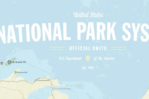 Vista 4 de Póster de unidades del sistema de parques nacionales de EE. UU., mapa de 24 x 36 pulgadas (beige y azul claro)