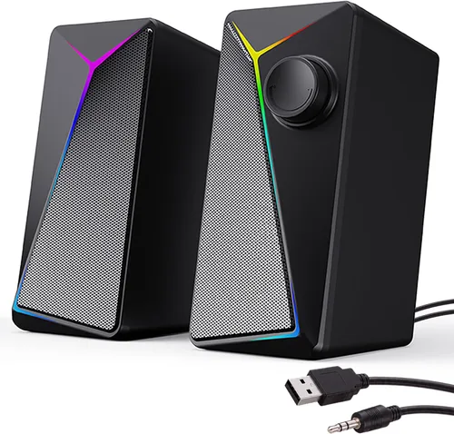 ROSON Altavoces de computadora, altavoces de PC para juegos con control mejorado de graves y volumen, estéreo 2.0 alimentado por USB de 0.138 in Aux