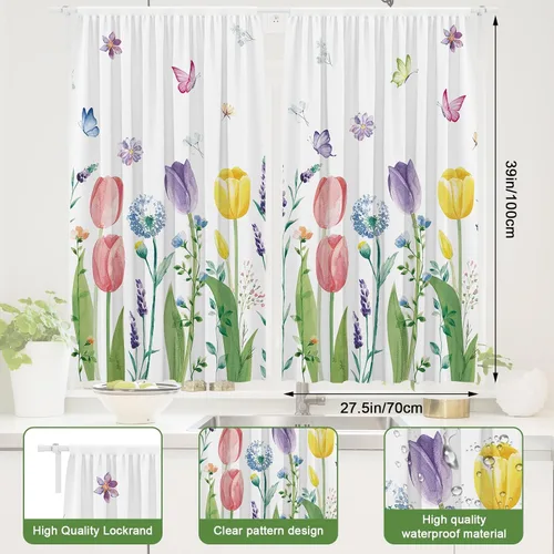 Vista 2 de 2 paneles de cortina de cocina de tulipán de mariposa con bolsillo para barra, cortinas florales de primavera para decoración del hogar, sala