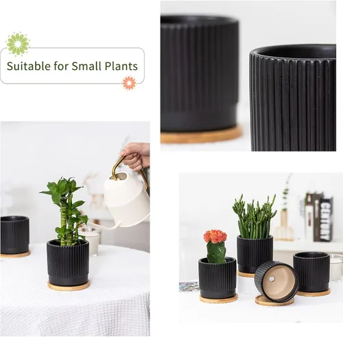 Vista 5 de AOMRYOM Macetas pequeñas de cerámica de jardín de 4.25 pulgadas con agujeros de drenaje y bandeja, macetas modernas para plantas