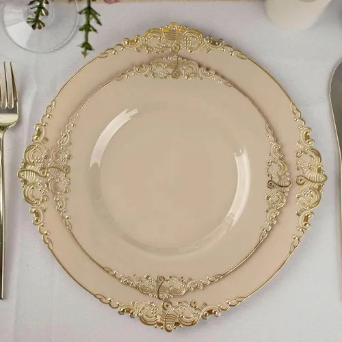 Vista 28 de Efavormart - Paquete de 10 platos redondos de plástico para ensalada de postre de 8 pulgadas, color negro/dorado, vajilla desechable con borde