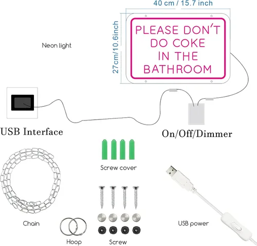 Vista 5 de Letrero de neón con texto en inglés «Please Dont Do Coke in The Bath» para decoración de pared, diseño de talla artística 3D, para interiores