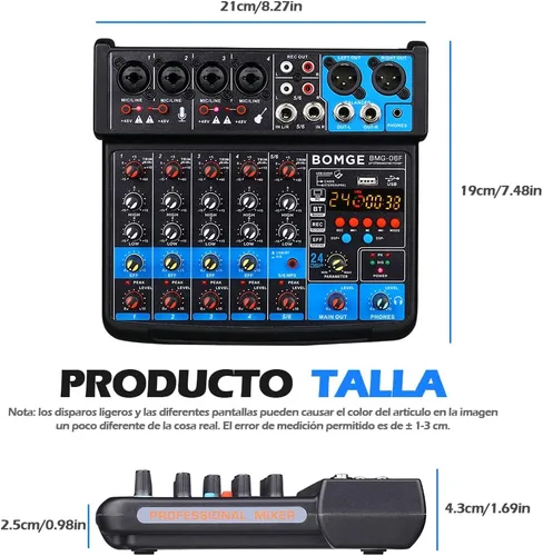 Vista 6 de BOMGE Consola mezcladora de sonido mini DJ Audio de 6 canales con interfaz USB, Bluetooth, grabación estéreo, alimentación fantasma de 48 V, 24