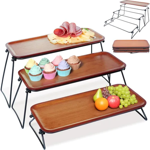 Vista 9 de FINESSY Bandeja para servir de 3 niveles para postres y aperitivos, bandeja de madera de tres niveles para servir y plato de torre para alimentos