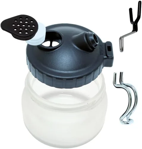 Vista 2 de Vallejo - Estación de limpieza de aerógrafo Tarro de vidrio con tapa de plástico + 3 filtros + soporte para aerógrafo Herramienta