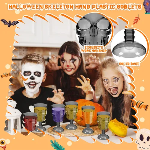 Vista 3 de Bokon Juego de 12 copas de Halloween, copas de calavera, decoración de mesa gótica, copa de vino de plástico, suministros para fiesta de Halloween