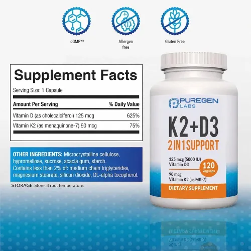 Vista 3 de Puregen Labs 2 en 1 Fórmula de alta potencia complejo de vitamina D3 y K2