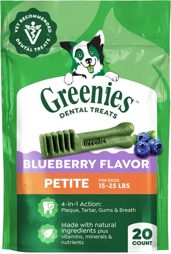 Greenies Golosinas dentales naturales para perros adultos recomendadas por veterinarios, tamaño pequeño, sabor arándano, paquete de 12 onzas, 20
