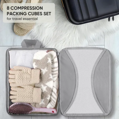 Vista 6 de Juego de 8 cubos de compresión para viajes, cubos de embalaje de compresión, accesorios de viaje expandibles para equipaje de mano (gris)