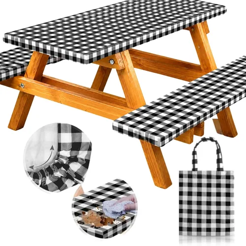 RNOONY Cubierta de Mesa de Picnic de Vinilo Ajustable con Fundas de Banco y Bolsa, Mantel de 6 pies para Exteriores Impermeable y Resistente al