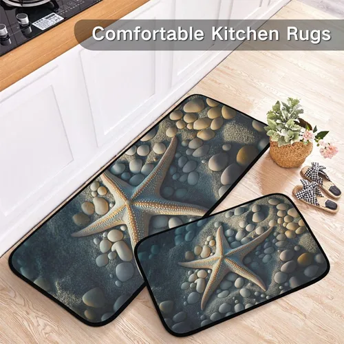 Vista 5 de Tapete de cocina, 2 unidades (playa de estrellas de mar), acolchado, antifatiga, impermeable, antideslizante, tapete de cocina ergonómico, cómodo