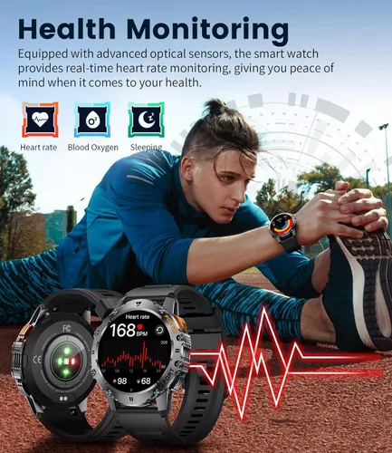 Vista 6 de ESFOE Reloj inteligente militar para hombre con linterna/resistente al agua 5 ATM, reloj inteligente táctico AMOLED de 1.43 pulgadas con batería